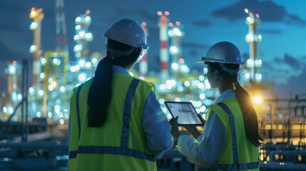 Obraz premium Male and female industrial engineers using tablet computer and blueprints checking and analysis data of power plant station project on network background.