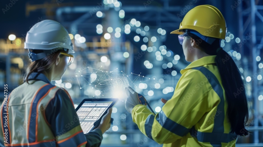 Poster Male and female industrial engineers using tablet computer and blueprints checking and analysis data of power plant station project on network background.