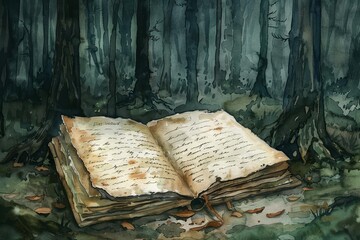 Old, tattered book lying open in a dark, mysterious forest, surrounded by fallen leaves, symbolizing forgotten knowledge and lost stories.