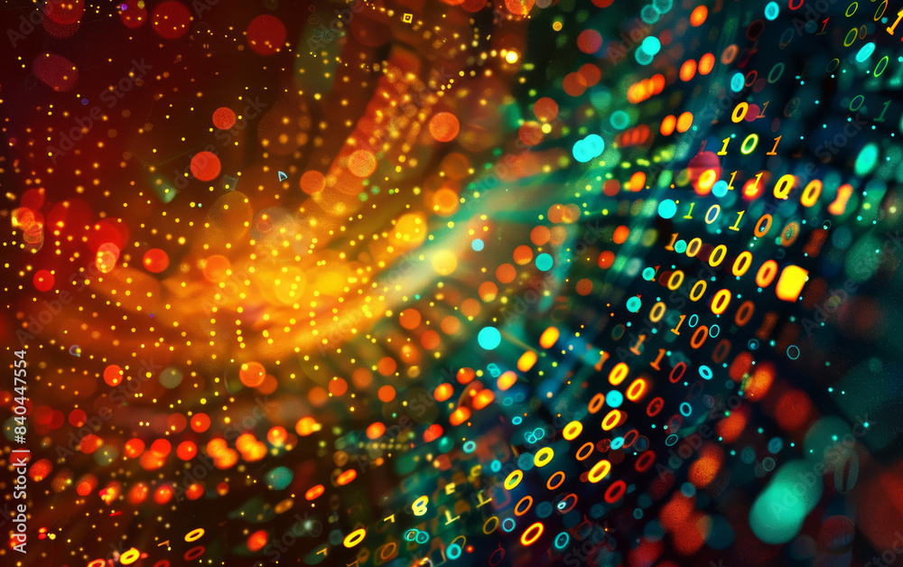 Poster colorful abstract digital background with binary code and vibrant light patterns, representing techn