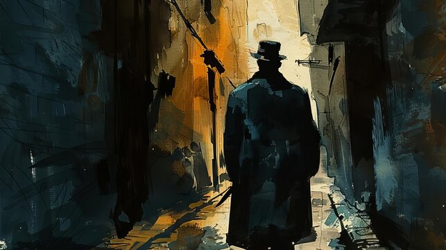 A mysterious figure in a trench coat and hat walks down a dimly lit alley, creating an aura of intrigue and suspense.