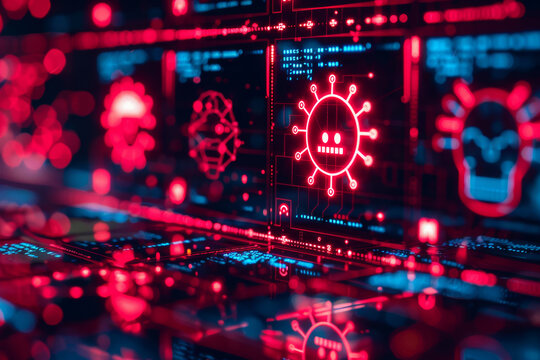 High-tech digital interface showcasing futuristic cybersecurity concepts, glowing red graphics, virus symbols, and data protection visuals.