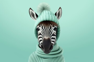 Charming illustration of a zebra wearing a mint knitted hat on a light background.