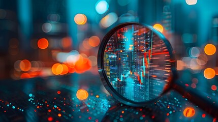 A magnifying glass over an abstract digital stock market graph, with bokeh lights in the background. financial technology innovation and connecting global knowledge to place.