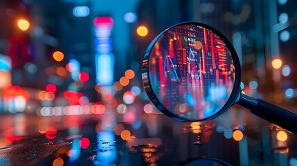 A magnifying glass over an abstract digital stock market graph, with bokeh lights in the background. financial technology innovation and connecting global knowledge to place.