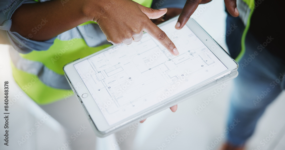 Poster Construction blueprints, hands and people with tablet in closeup for building project management. Architecture logistics, check and inspector with touchscreen for infrastructure compliance and review