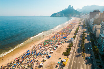 Crowded Ipanema Beach in Rio de Janeiro Aerial View on a Hot Sunny Day