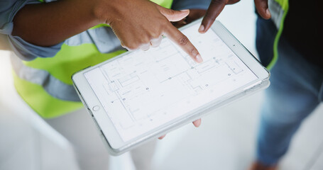 Construction blueprints, hands and people with tablet in closeup for building project management. Architecture logistics, check and inspector with touchscreen for infrastructure compliance and review