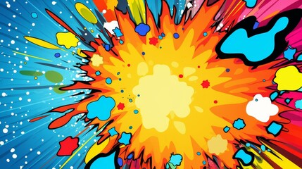 Colorful comic panel with bold speech bubble conveys action and excitement in abstract form.