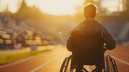 A man in a wheelchair at a track and field stadium, a close up shot of his back from behind. In the background there is a blurred view of stands filled with spectators.