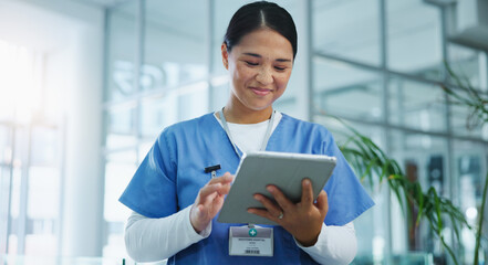 Healthcare, woman or nurse with tablet for research, medical info or diagnosis results with smile....
