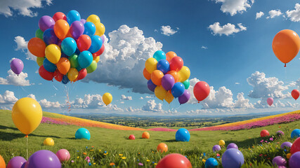 Colorful Balls Scattered Across a Blooming Meadow