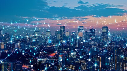 Modern cityscape and communication network concept. Telecommunication. IoT (Internet of Things). ICT