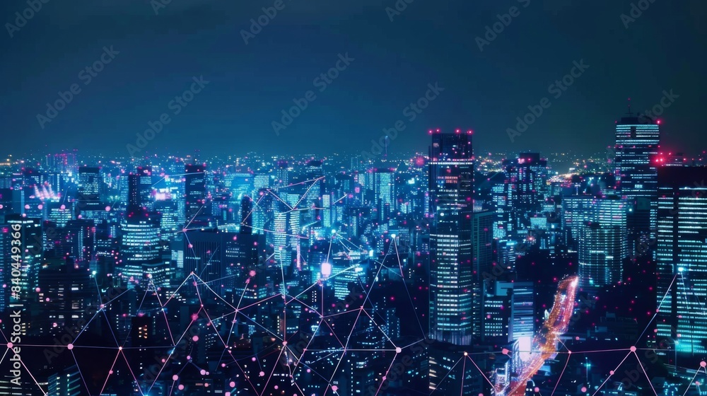 Poster Modern cityscape and communication network concept. Telecommunication. IoT (Internet of Things). ICT