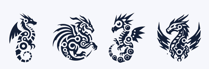 vector illustration, set of round tribal dragon tattoo designs, black and white graphics