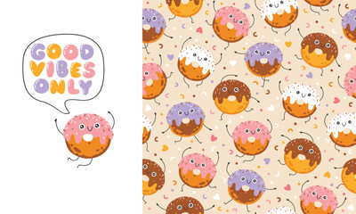 Donut sweets seamless pattern with funny mascot characters. Kawaii cartoon hand drawn doodle in colorful palette. Ideal for baby design, prints, packaging, textiles. Creative nursery background