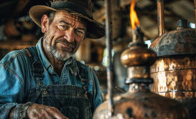 Experienced moonshiner taking a break from working on his still