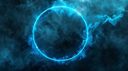 Obraz premium Neon blue color geometric circle on a dark background. Round mystical portal. Mockup for your logo.
