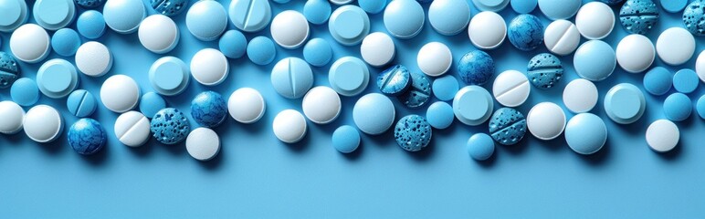 Medicine pills capsules and circles on blue background
