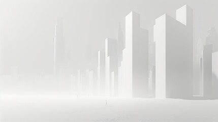 Fototapeta premium A single figure walks through a white cityscape, surrounded by fog and tall buildings
