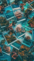Obraz premium Polaroid photos, each capturing moments from exotic locales, lays scattered on the table, offering a glimpse into distant adventures and cherished memories.