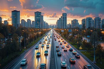 Fototapeta premium Light evening traffic on a city highway with modern high-rise buildings.