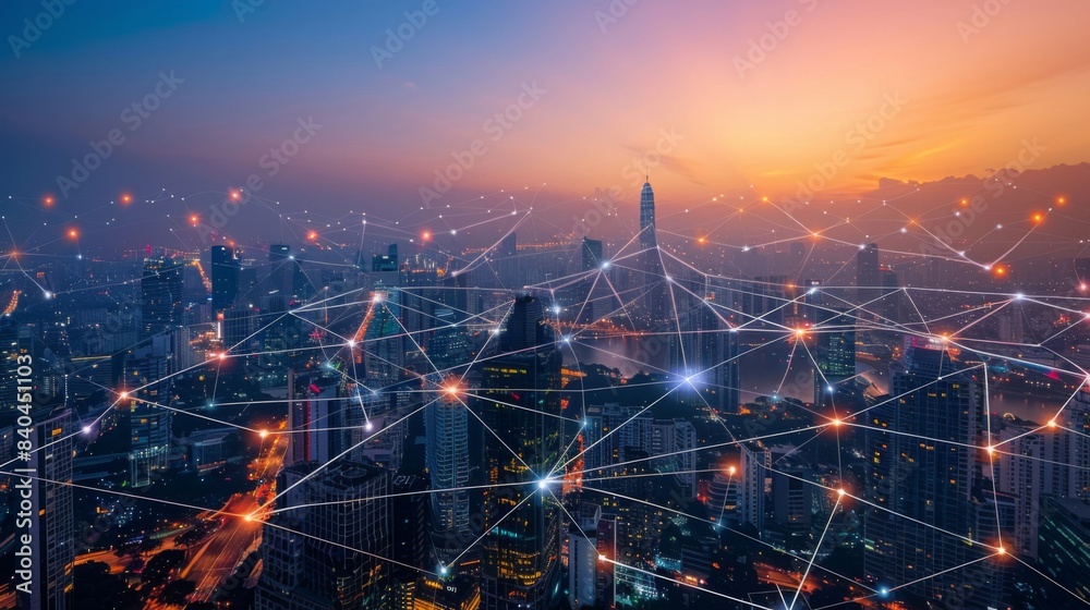 Poster network connection line between building over of cityscape background network and connection concept