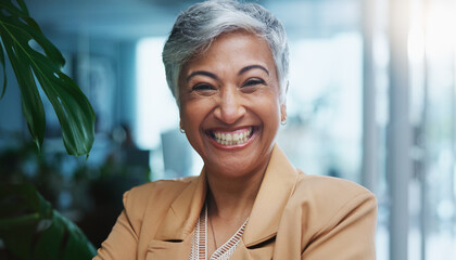 Smile, portrait and mature business woman in office with corporate pride, ceo and confidence....