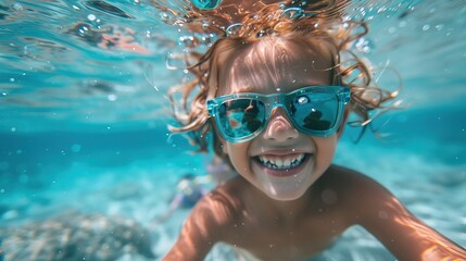 Fototapeta premium Laughing kid in sunglasses in the sea, underwater view, blue sky