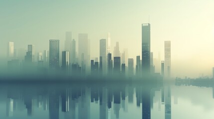Fototapeta premium A digital artwork depicting a hazy cityscape with tall skyscrapers reflecting on a calm body of water
