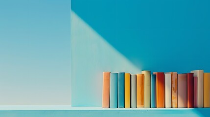 Obraz premium A row of books on the right side with a blue background in the style of flat lay photography and in a minimalistic style.