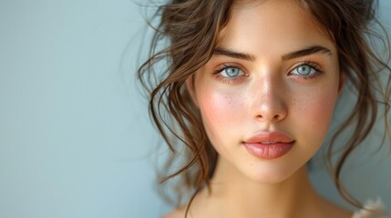 Fototapeta premium A Womans Captivating Gaze, Portrait Photography, Soft Lighting, Blue Eyes. Generative AI