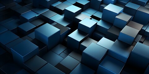 3D cube pattern banner design in dark blue with geometric shapes. Concept Banner Design, 3D Cube Pattern, Dark Blue, Geometric Shapes