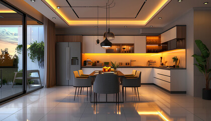 Interior of modern open plan kitchen with dining table and glowi