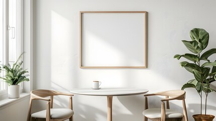 A simple dining table with two chairs, a wooden frame on the wall above it. The picture frame is white with no text or pictures inside.