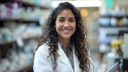 A smiling female pharmacy technician in a white coat standing inside a drug store, a copy space concept background for advertising about health care and spa service advertisement.