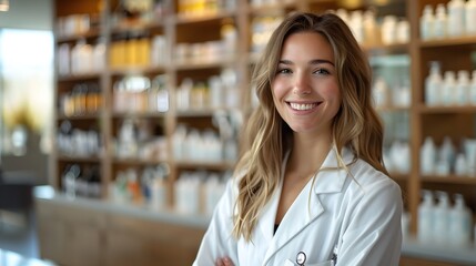 A smiling female pharmacy technician in a white coat standing inside a drug store, a copy space concept background for advertising about health care and spa service advertisement.