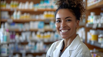 A smiling female pharmacy technician in a white coat standing inside a drug store, a copy space concept background for advertising about health care and spa service advertisement.