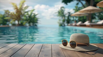 Obraz premium Empty wooden deck with swimming pool, sunglasses amd hat, sunscreen, travel concept, photo