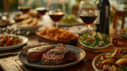 Obraz premium A table set with an array of delicious dishes, including steaks and salad, is captured in the photo. The setting includes glasses filled with red wine on wooden tables.