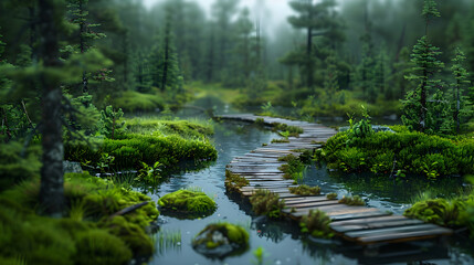 A vibrant nature peatland landscape with a winding boardwalk through the moss-covered ground