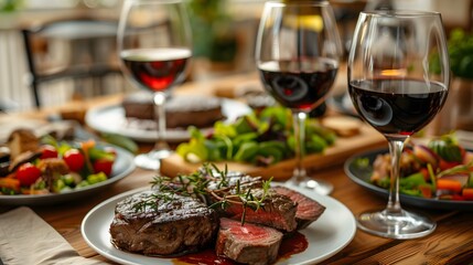 A table set with an array of delicious dishes, including steaks and salad, is captured in the photo. The setting includes glasses filled with red wine on wooden tables.