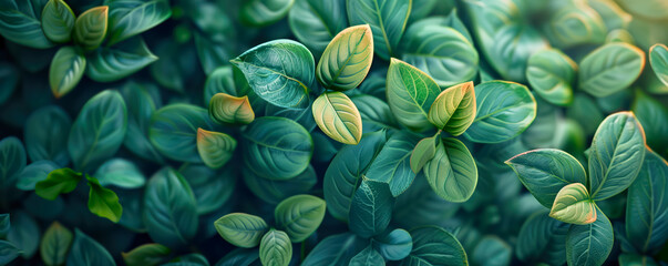 Abstract view of the green foliage with leaves in the forest. Banner and background concept.