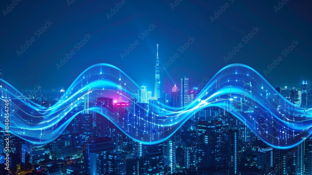 Poster smart city and big data connection technology concept with digital blue wavy wires with antennas on 