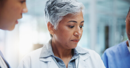 Female doctor, teamwork and closeup in hospital for discussion in workplace with leader....