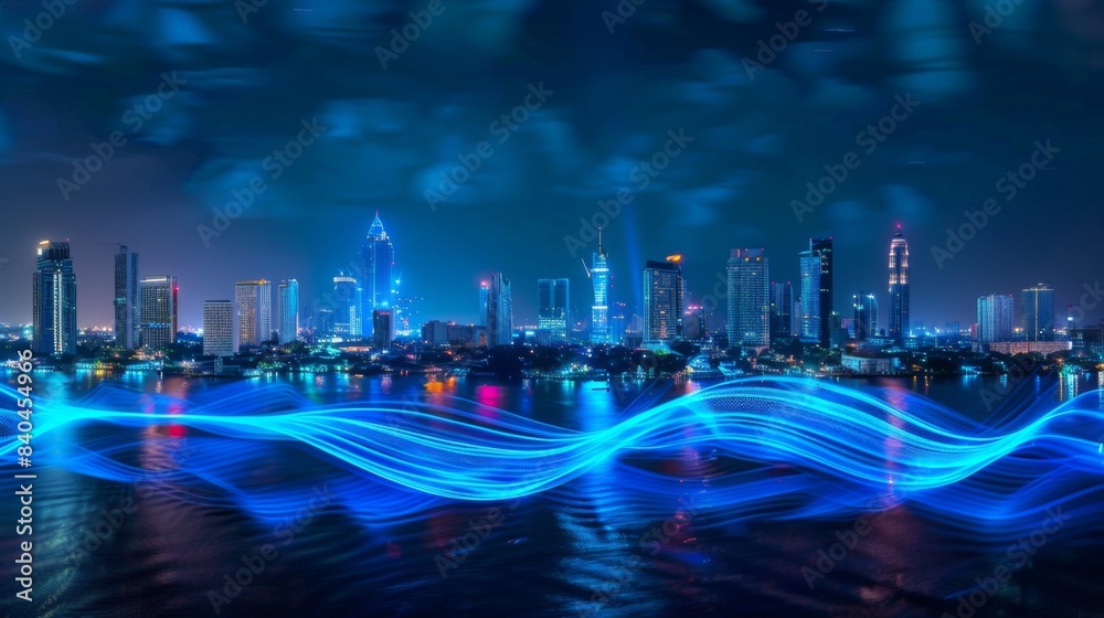 Aufkleber Smart city and big data connection technology concept with digital blue wavy wires with antennas on night megapolis city skyline background,