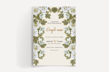 WEDDING INVITATION FRAME WITH FLOWER DECORATIONS AND FRESH LEAVES 