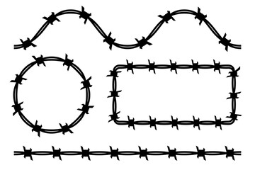 Barbed wire. Black silhouette of a prison fence. Steel line with sharp spikes. A set of barbed wire shapes, wavy and circle, rectangle and straight. Vector illustration flat design.