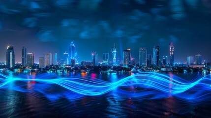 Fototapeta premium Smart city and big data connection technology concept with digital blue wavy wires with antennas on night megapolis city skyline background,