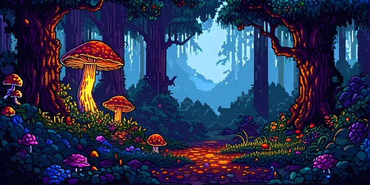 enchanted magical forest in pixel art style with glowing mushrooms